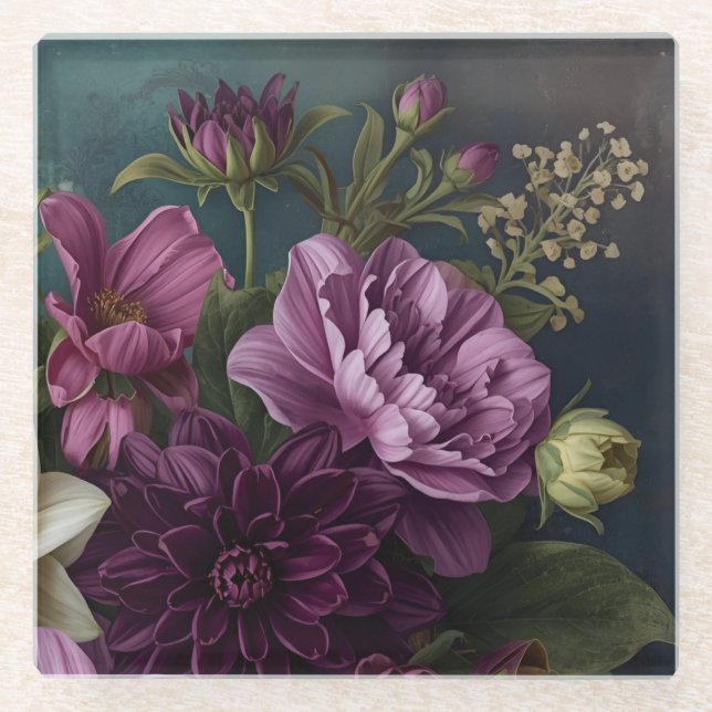 Dark Vintage Flowers Glasuntersetzer (Vorderseite)