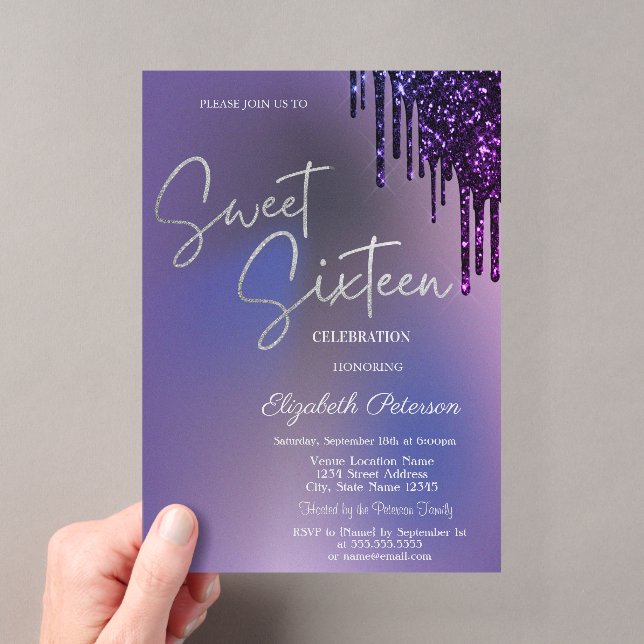 Dark Violet Glitter Drips Violet Sweet 16  Acryleinladungen (Insitu (Handheld))