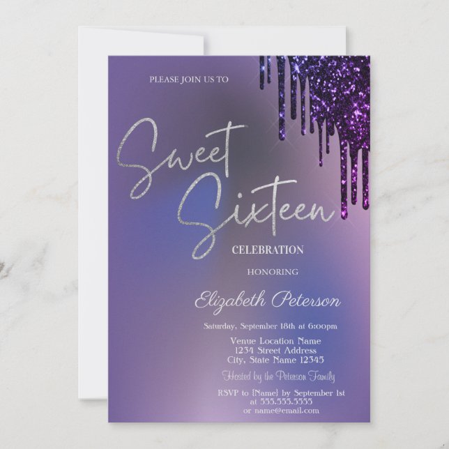 Dark Violet Glitter Drips Violet Sweet 16  Einladung (Vorderseite)
