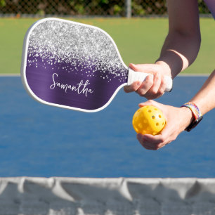 Dark Violet und Glittery Silver Glam Script Name Pickleball Schläger