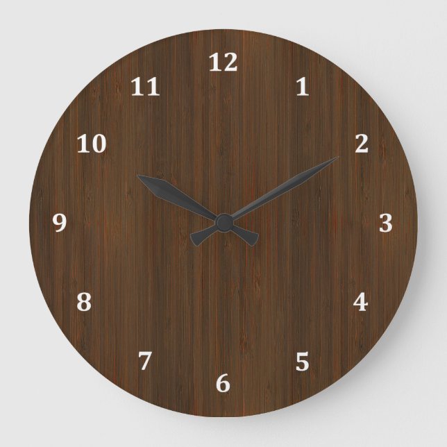 Dark Walnut Brown Bamboo Wood Grain Look Große Wanduhr (Vorderseite)