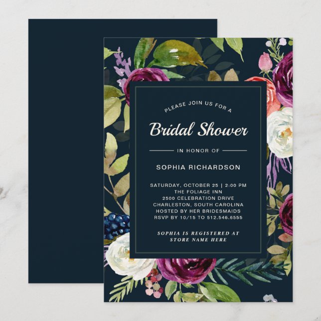 Dark Watercolor Floral Boho | Brautparty Einladung (Vorne/Hinten)