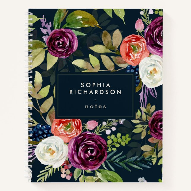 Dark Watercolor Floral Boho Muster Notizbuch (Vorderseite)