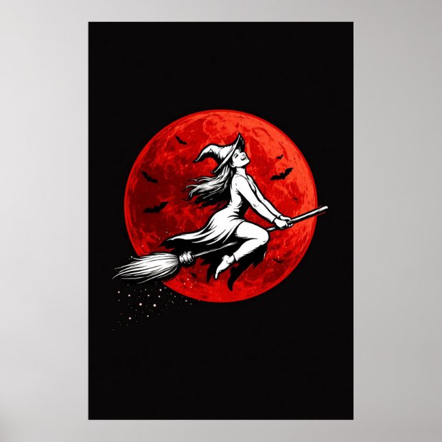 Dark Witch Flying Over Red Moon Poster (Vorne)