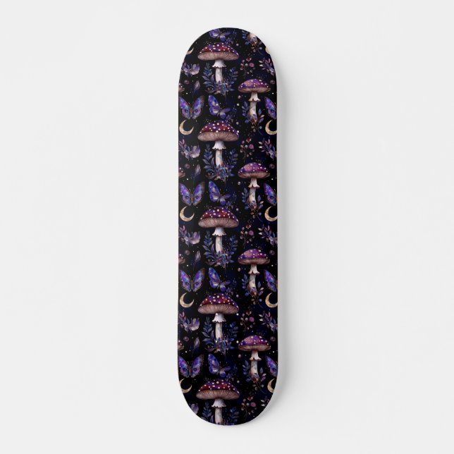 Dark Witchy Mushroom Butterfly Celestial Pattern Skateboard (Vorne)