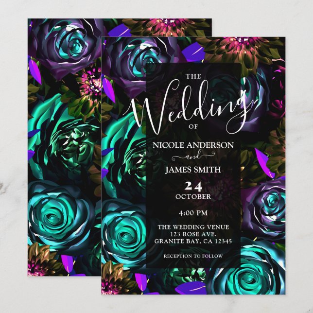 Dark Wonderland Bold Glam Floral Blume Hochzeit Einladung (Vorne/Hinten)
