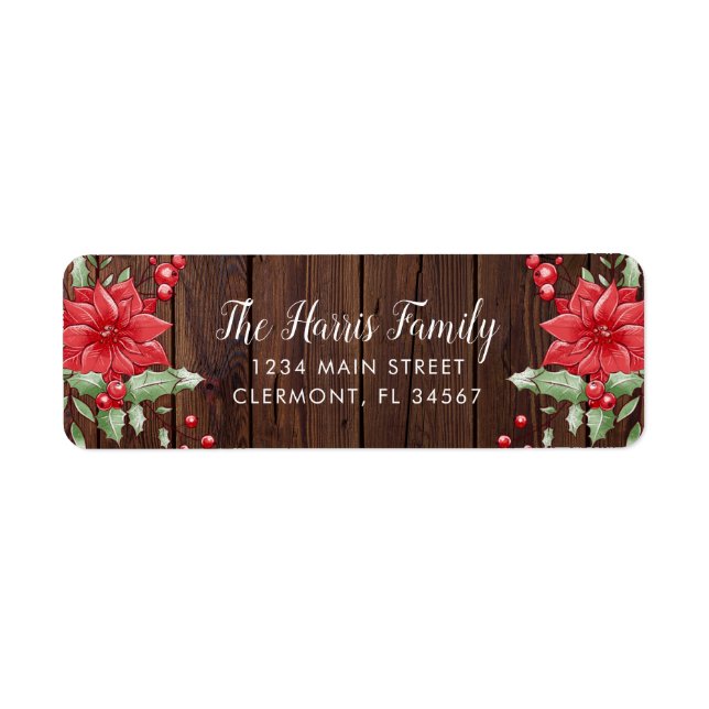 Dark Wood Christmas Poinsettia Holly Berry Label (Vorne)