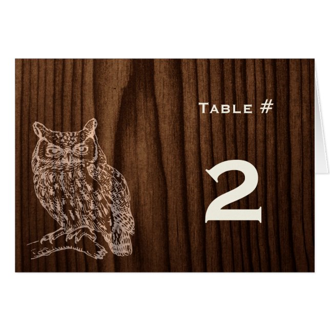 Dark Wood Owl Wedding Reception Tischnummer (Vorderseite (Horizontal))