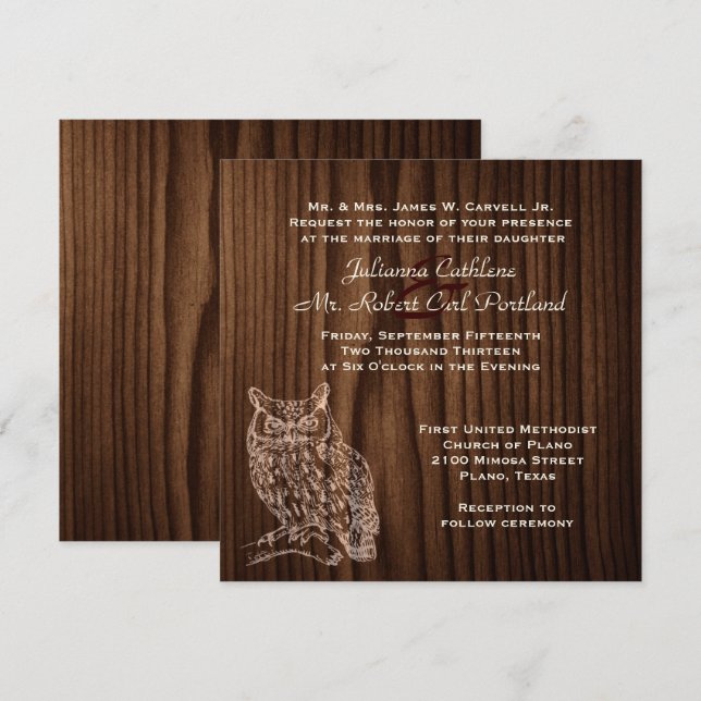 Dark Wood Owl Wild Life Wedding Einladung (Vorne/Hinten)