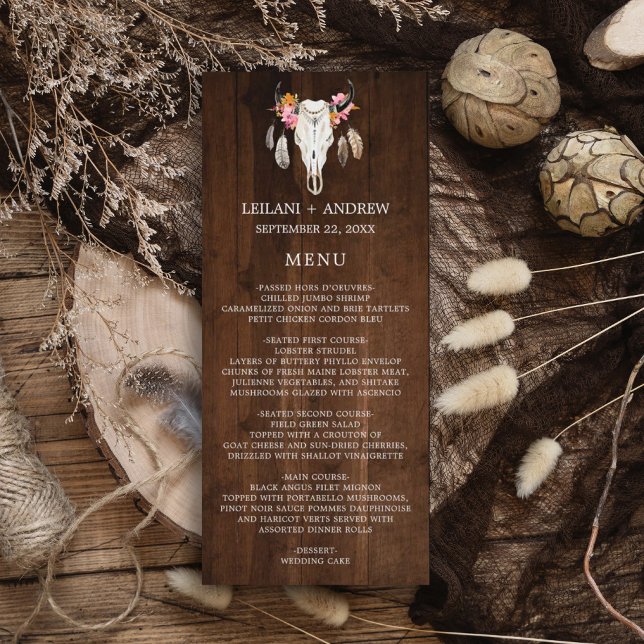 Dark Wood Rustic Antler Wedding Menu Menükarte (Rustic wood with watercolor skull feather and flower. Perfect for that outdoor, barn, fall wedding.)
