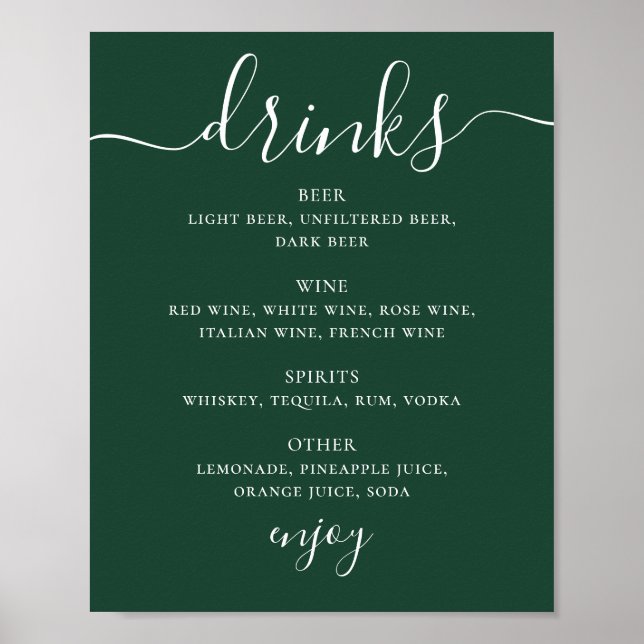 Dark Woodland Green Wedding Drinks Menu | Bar Sign Poster (Vorne)