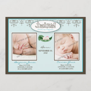 Darling 5x7 Twin Boy/Girl Aqua Faire-part de naiss