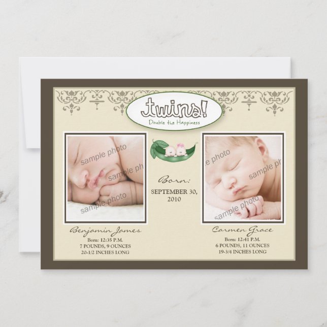 Darling 5x7 Twin Boy/Girl Taupe Faire-part de nais (Devant)
