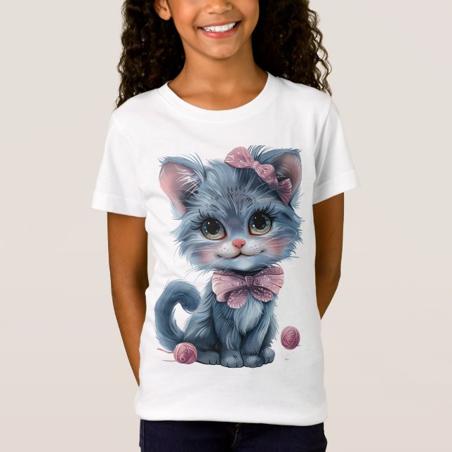 Darling Blue Kitten mit Playful Pink Bows T-Shirt (Vorderseite)