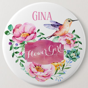 Darling Hummingbird Floral Pink Flower Girl Button