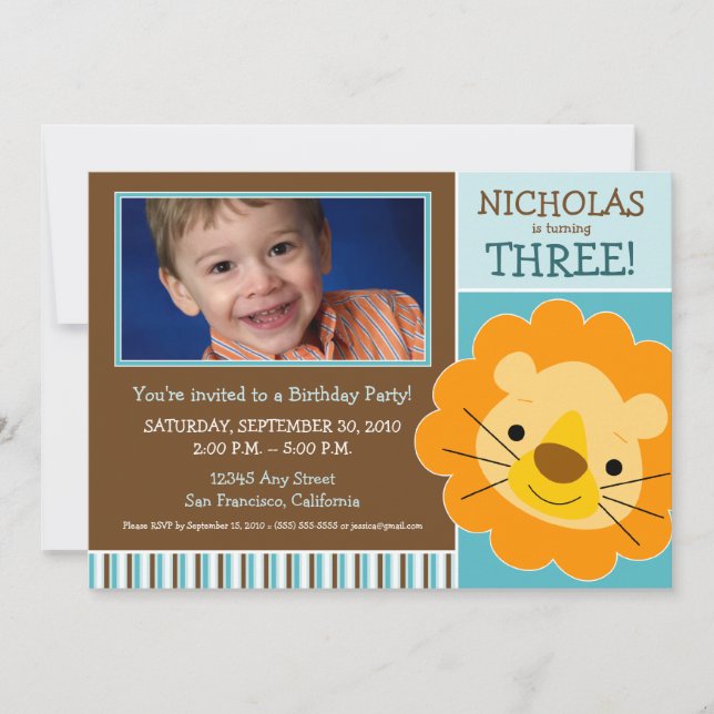 Darling Lion Boys Birthday Party Invite (Aqua) Einladung (Vorderseite)