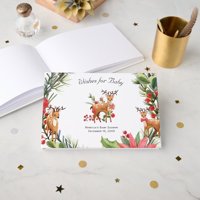 Darling Reindeer | Weihnachtswald Babydusche Gästebuch (Vorderseite Offen)