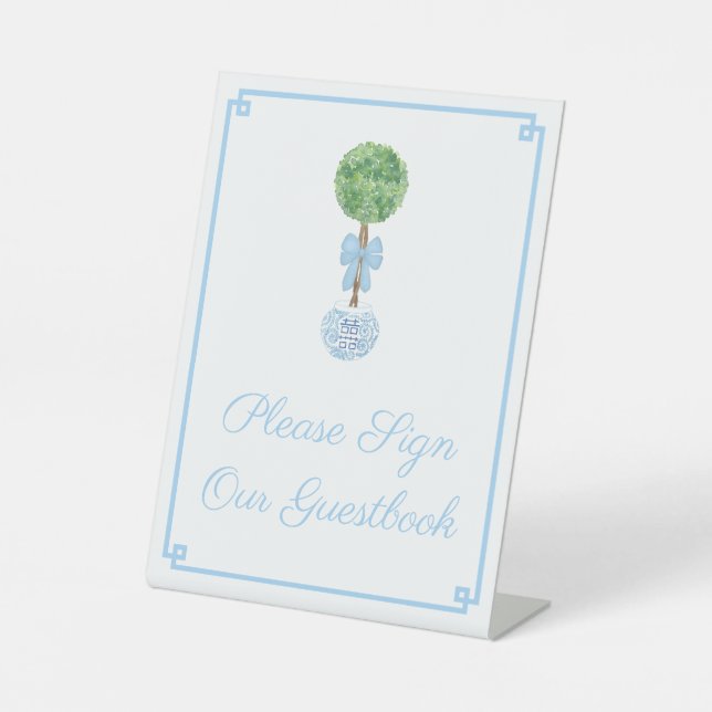 Darling Topiary Blue Bow Polterabend Gäestbook Sockelschild (Vorderseite)