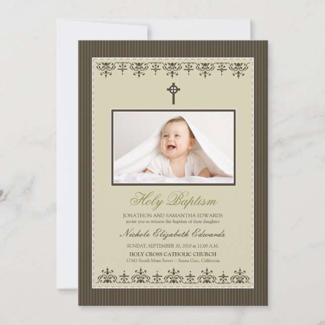 Darling Viktorianisch 12x18" Taupe Taufe Einladung (Vorderseite)