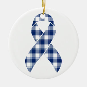 Darmkrebs-Bewusstseins-Karo Dunkelblaue Schleife Keramik Ornament