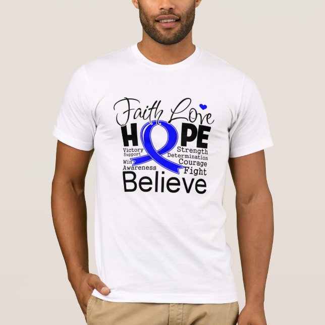 Darmkrebs-typografische Glauben-Liebe-Hoffnung T-Shirt (Vorderseite)