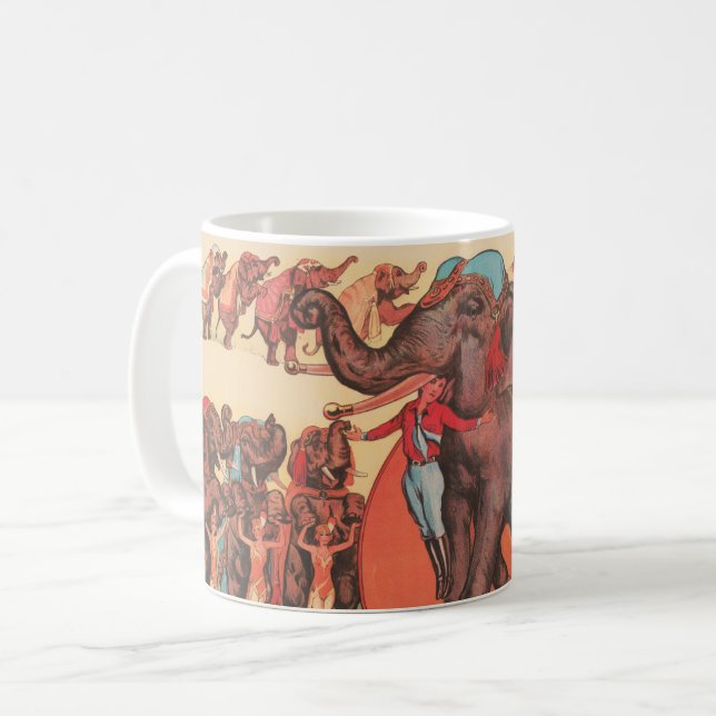 Darstellende Elefanten mit Frauen und Trainer. Kaffeetasse (Vorderseite Links)