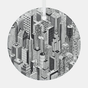 Darstellung der Wolkenkratzer-Stadt, isometrisch n Ornament Aus Glas