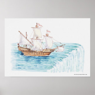 Darstellung des Schiffes, das sich dem Wasserfall Poster