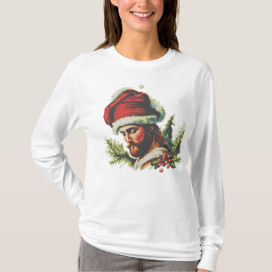 Darstellung Jesu mit bestickter Weihnachtsmannmütz T-Shirt