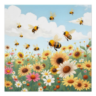 Darstellung niedlicher Bienen und Blume Poster
