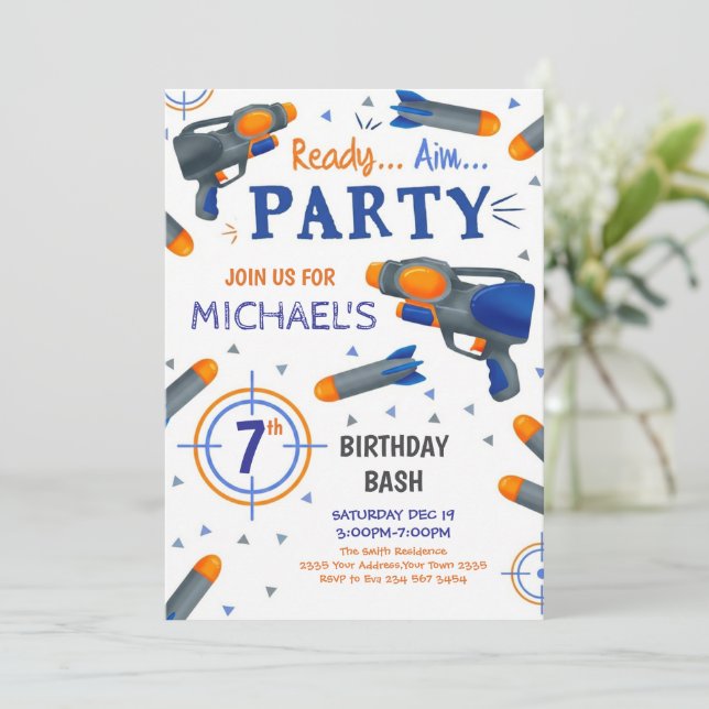 Dart Gun Birthday Einladung (Stehend Vorderseite)