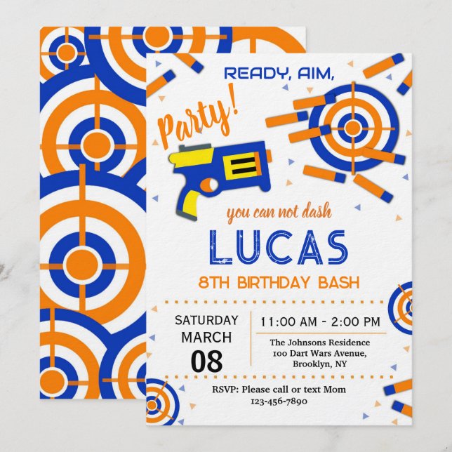 Dart Party Birthday Invitation | Dart Gun (Devant / Derrière)