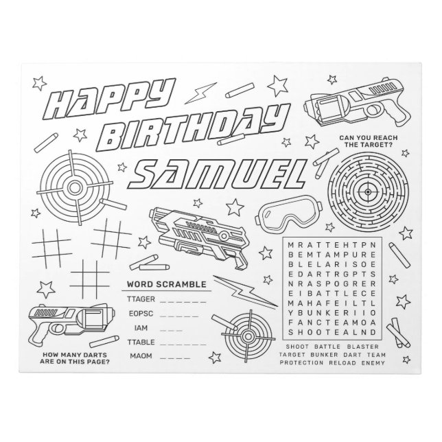 Dart War Birthday Party Colour and Activity Page Notizblock (Vorderseite)