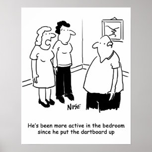 Dartboard im Schlafzimmer. Funny Cartoon Poster