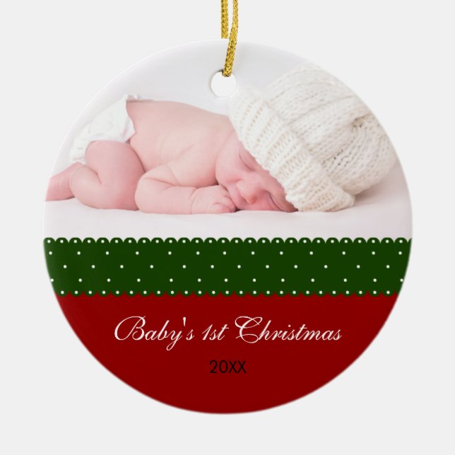 Das 1. Weihnachten des Babys - Band (rot) Keramik Ornament (Vorne)