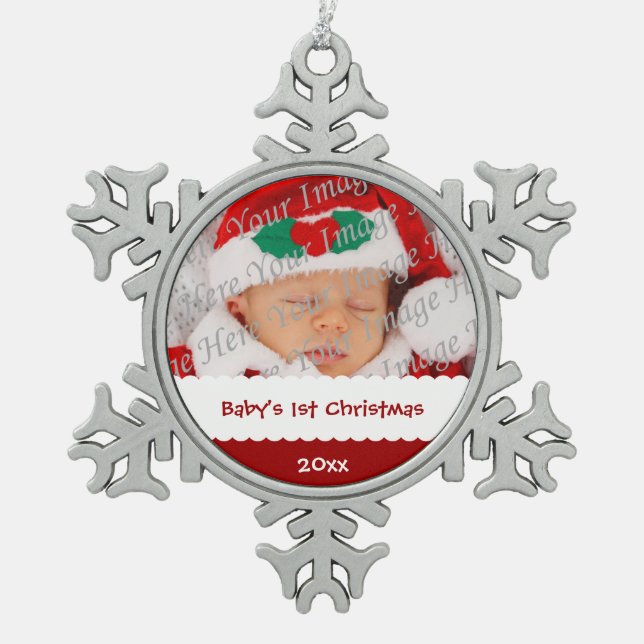 Das 1. Weihnachten des personalisierten Babys mit Schneeflocken Zinn-Ornament (Vorderseite)