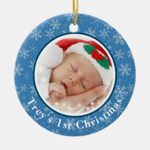 Das 1. Weihnachtsfest des Babys Foto Blau / Weiße  Keramik Ornament