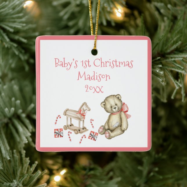 Das 1. Weihnachtskind personalisieren Pink Niedlic Keramikornament (Baum)