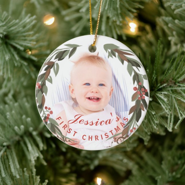Das 1. Weihnachtskranz-Foto von Baby Keepake Keramik Ornament (Baum)