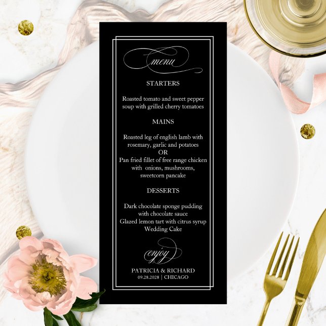 Das 4 x 9-köpfige, schwarz-weiß-elegante Hochzeitm Menükarte (Von Creator hochgeladen)