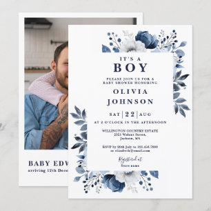 Das A Boy Blue Floral Foto QR Babydusche Einladung