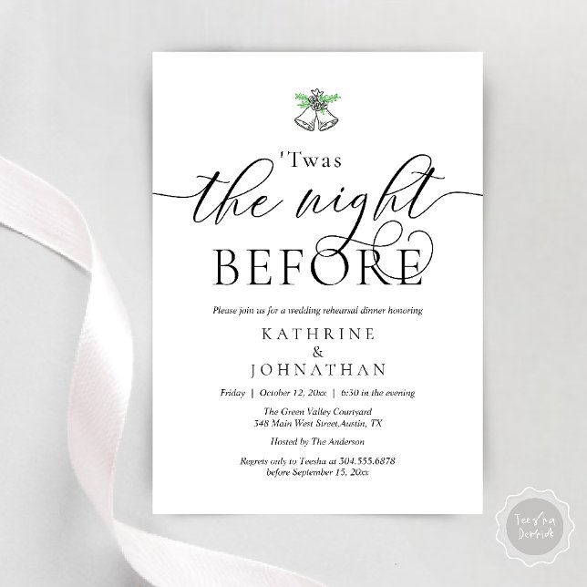 Das Abendessen vor der modernen Probe Einladung (Twas The Night Before Wedding Rehearsal Dinner Party Invites Card mistletoe wedding bell black white)
