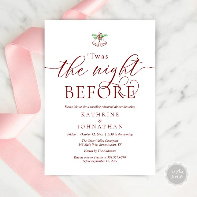 Das Abendessen vor der modernen Probe Einladung (Twas The Night Before Wedding Rehearsal Dinner Party Invites Card mistletoe wedding bell burgundy)