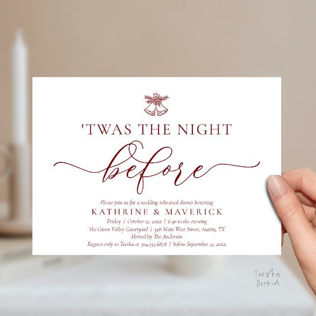 Das Abendessen vor klassischer Probe Einladung ('Twas The Night Before Modern Romantic Wedding Rehearsal Dinner Invites Card PDF Burgundy Wine Red)
