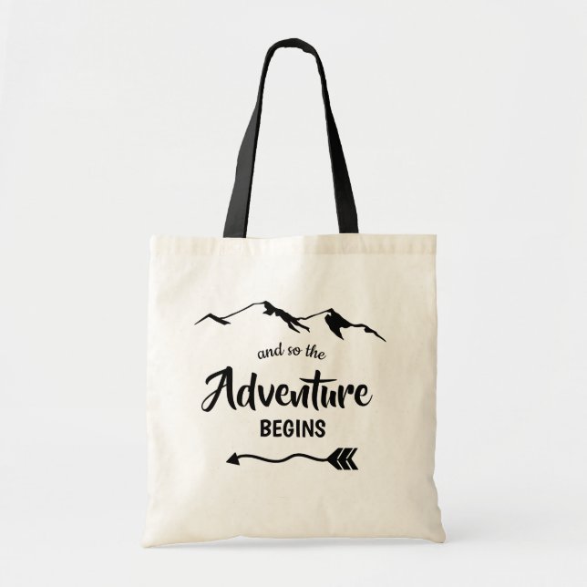 Das Abenteuer beginnt in trendy Black and White Tragetasche (Vorne)