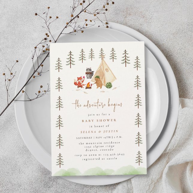 Das Abenteuer beginnt mit der Baby-Dusche für Wood Einladung (The Adventure Begins Woodland Animals Baby Shower Invitation)