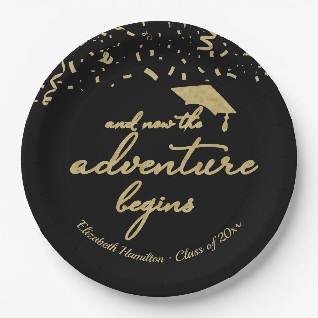 Das Abenteuer beginnt mit der Gold Foil Graduation Pappteller (Vorderseite)