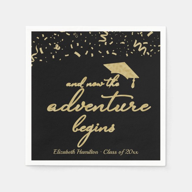 Das Abenteuer beginnt mit der Gold Foil Graduation Serviette (Vorderseite)