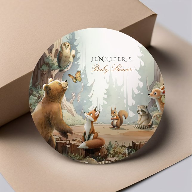 Das Abenteuer erwartet die Woodland Baby Dusche Runder Aufkleber (Von Creator hochgeladen)