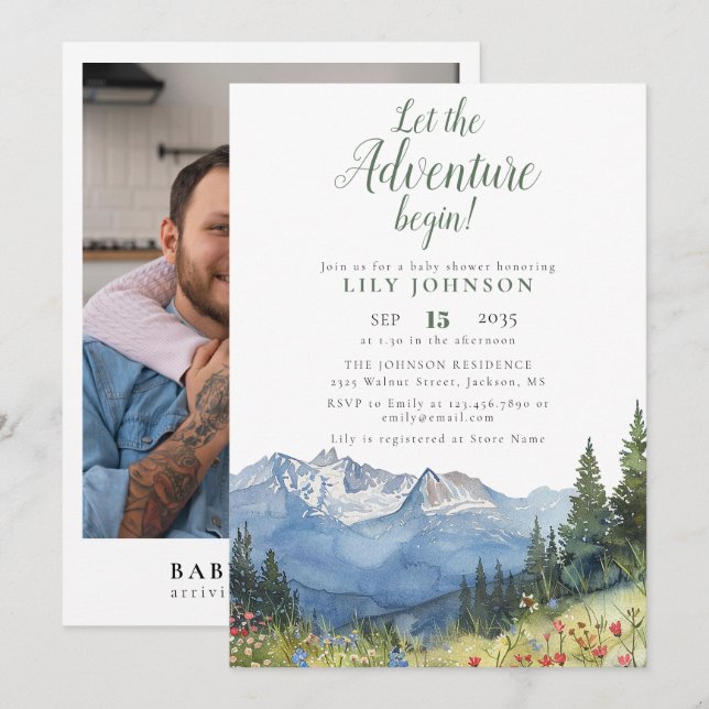 Das Adventure Begin Mountain Baby Shower Foto gela Einladung (Vorne/Hinten)